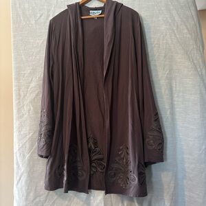 Soft & Cozy Duster Open Cardigan With Hood Gray Embroidered Women’s Sz L